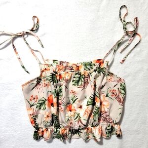 Paper Crane Satin Ruffled Shoulder Tie Cropped Tropical Floral Top Size M
